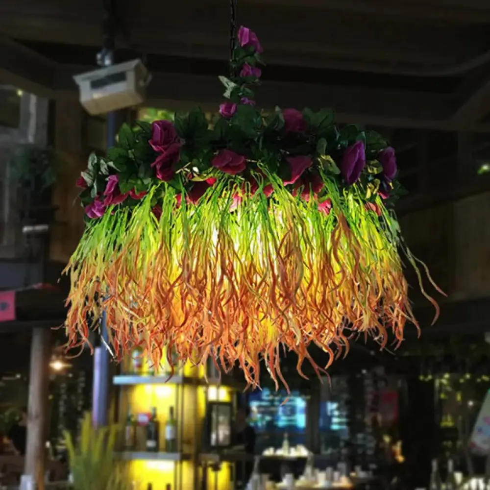 Rustic Metal Ceiling Pendant Light with Artificial Plant Décor – Perfect for Restaurants