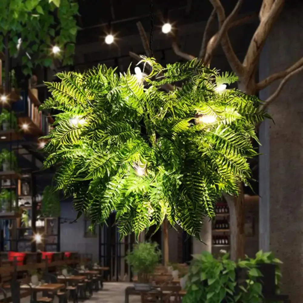 Rustic Metal Ceiling Pendant Light with Artificial Plant Décor – Perfect for Restaurants