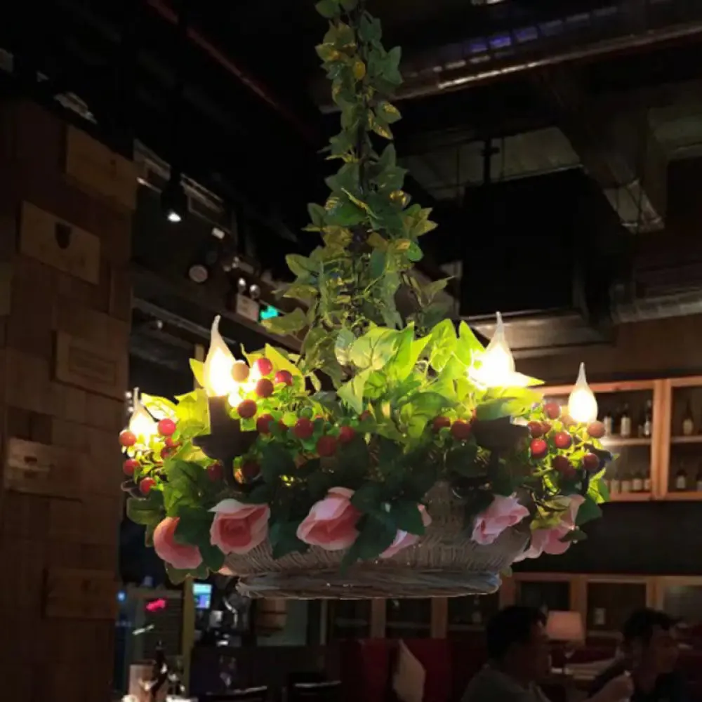 Rustic Metal Ceiling Pendant Light with Artificial Plant Décor – Perfect for Restaurants