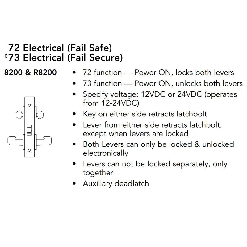 Sargent RX-LC-8273-24V LNJ 32D Fail Secure 24V Electrified Mortise Lock, LN Rose, J Lever, Less Cylinder, RX Switch, Satin Stainless Steel