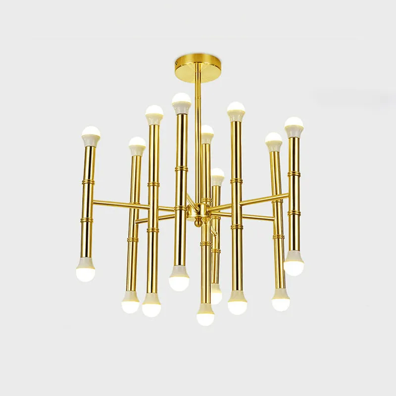 Sleek Gold Modern Tube Chandelier - Radial Pendant Light with 18 Bulbs for Living Room Ceiling