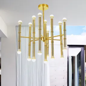Sleek Gold Modern Tube Chandelier - Radial Pendant Light with 18 Bulbs for Living Room Ceiling