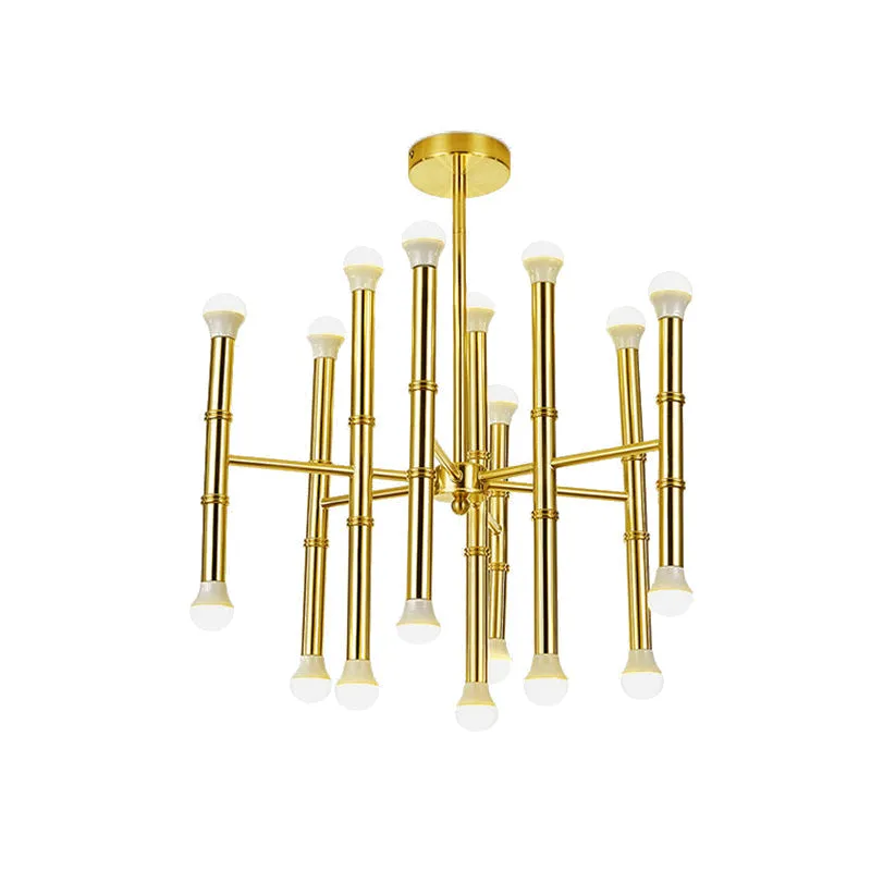 Sleek Gold Modern Tube Chandelier - Radial Pendant Light with 18 Bulbs for Living Room Ceiling