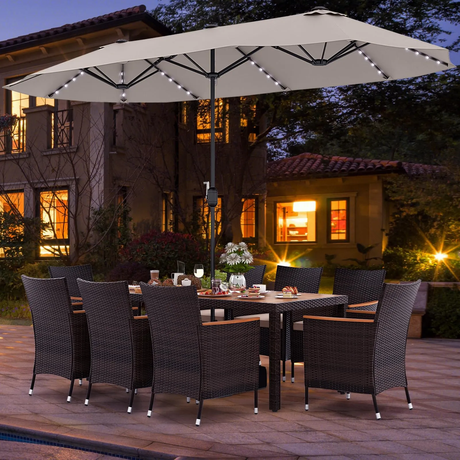 Tangkula 11 Pieces Patio Dining Set with 15ft Double-Sided LED Patio Umbrella (Base Included)