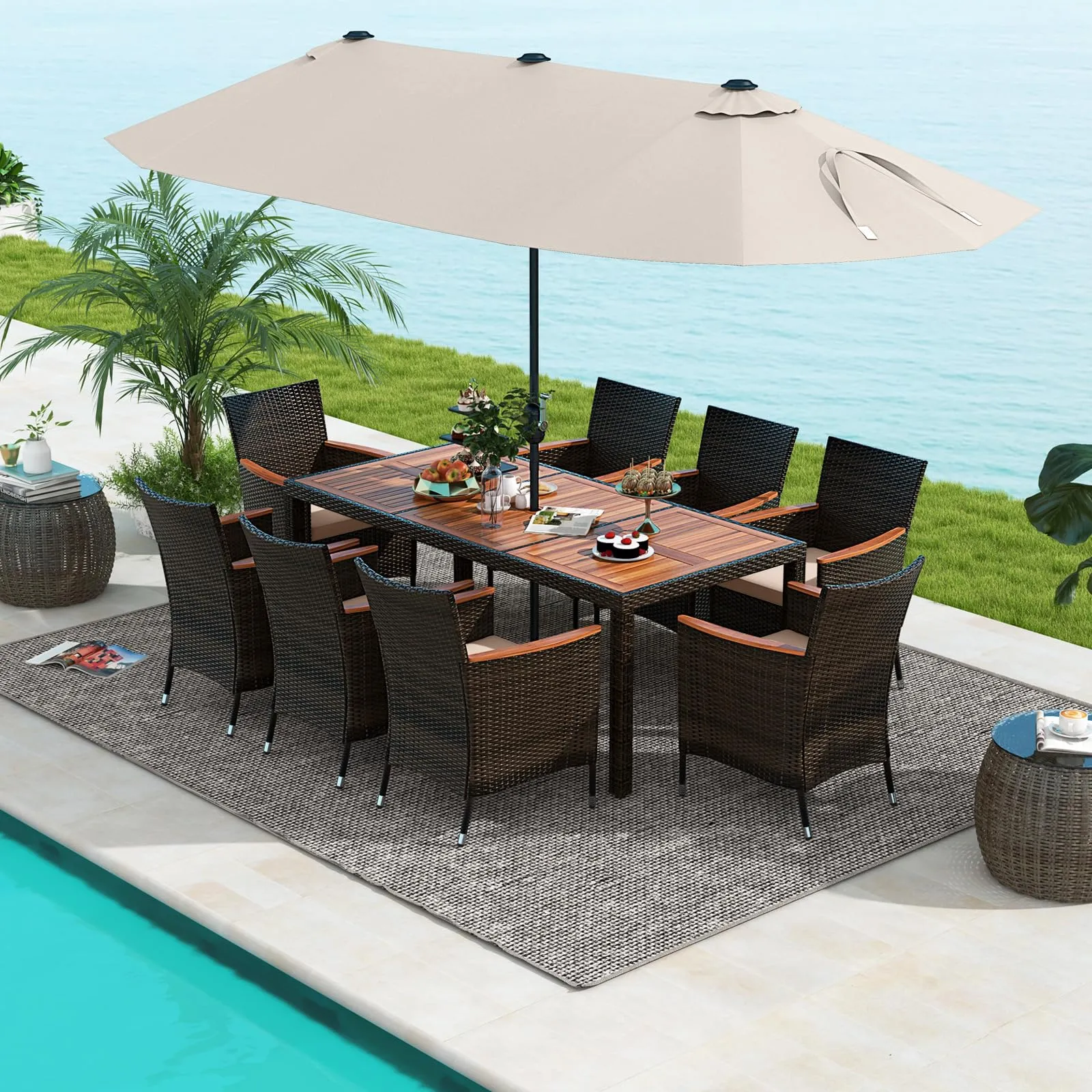 Tangkula 11 Pieces Patio Dining Set with 15ft Double-Sided LED Patio Umbrella (Base Included)