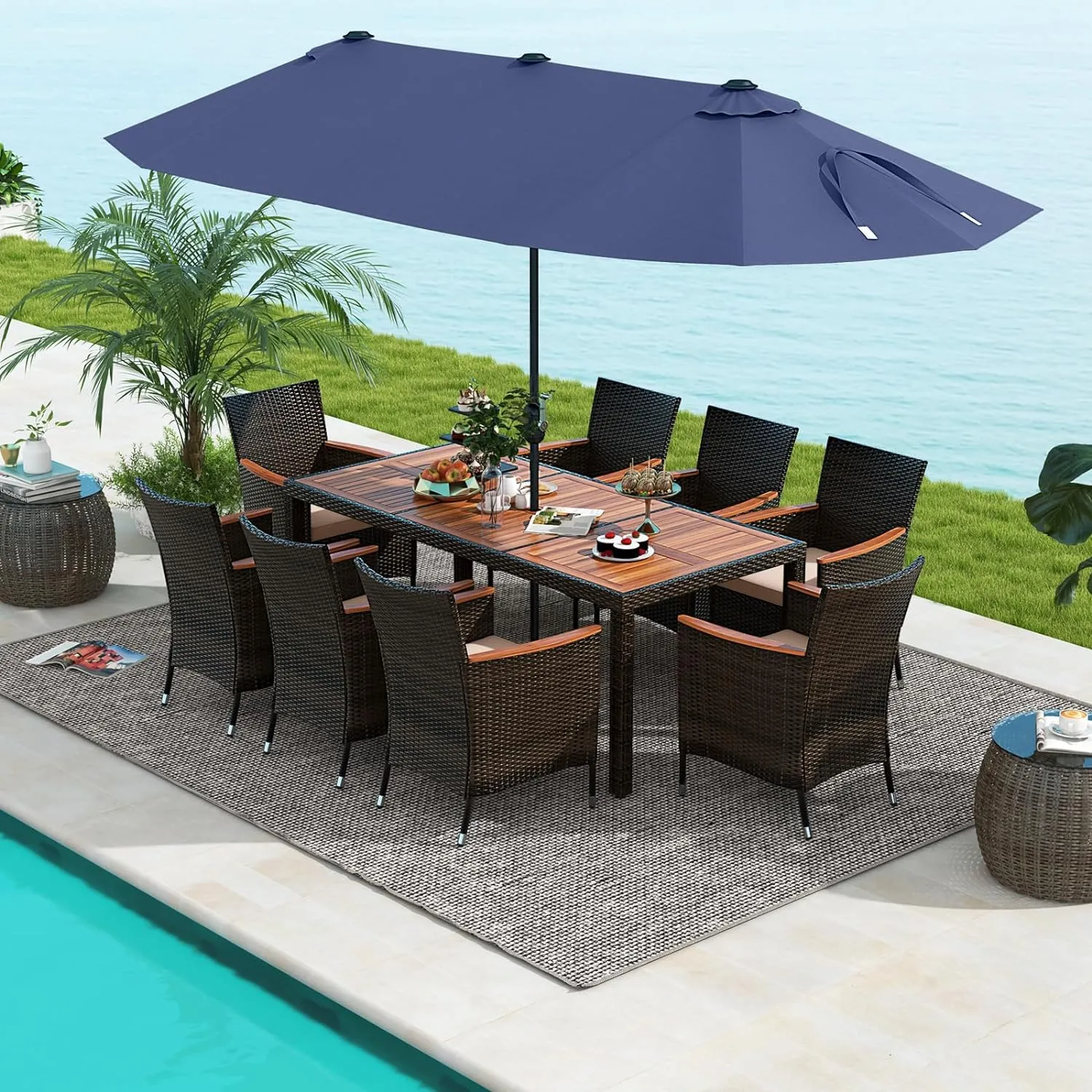 Tangkula 11 Pieces Patio Dining Set with 15ft Double-Sided LED Patio Umbrella (Base Included)