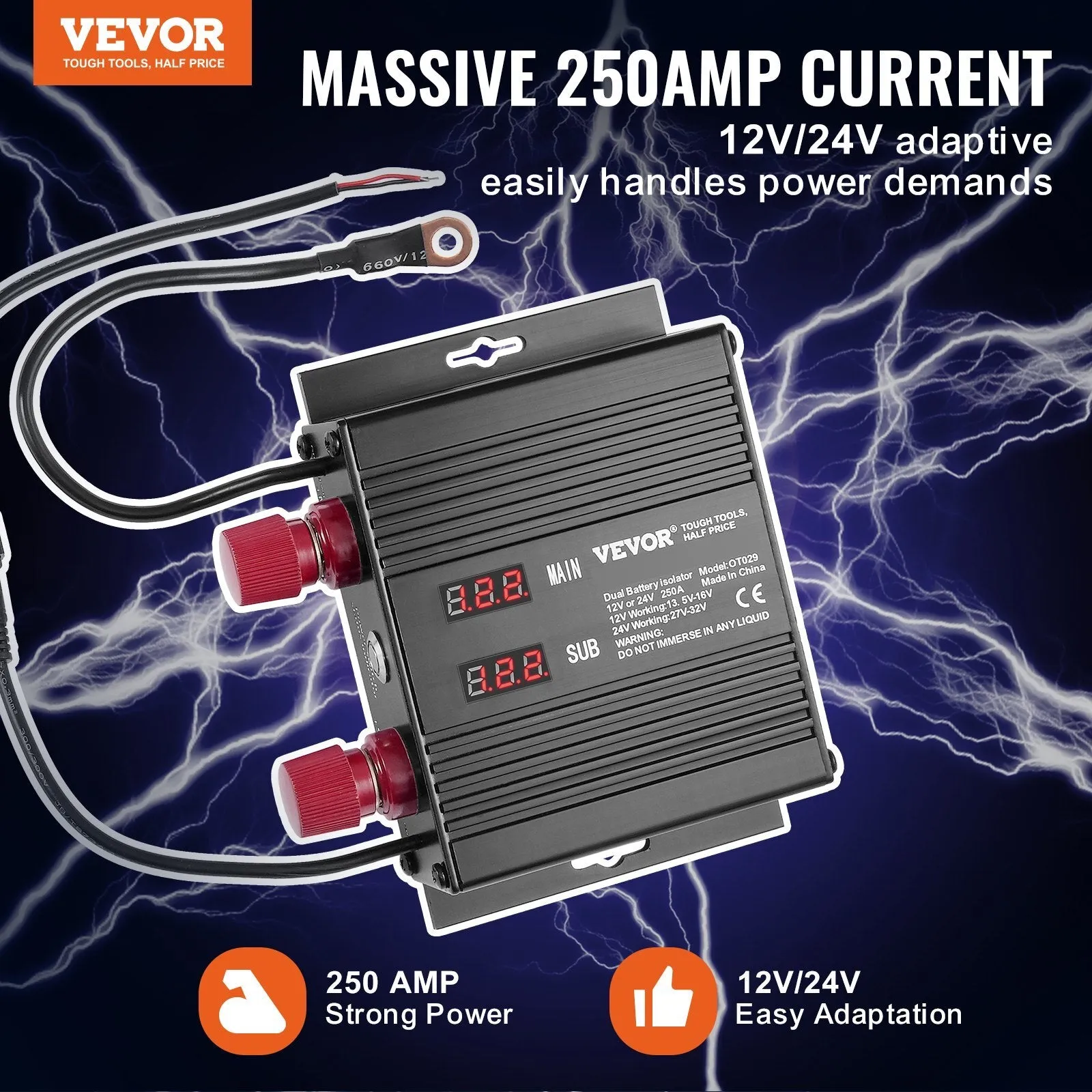 VEVOR 250 AMP Dual Battery Smart Isolator, 12V/24V, Universal VSR