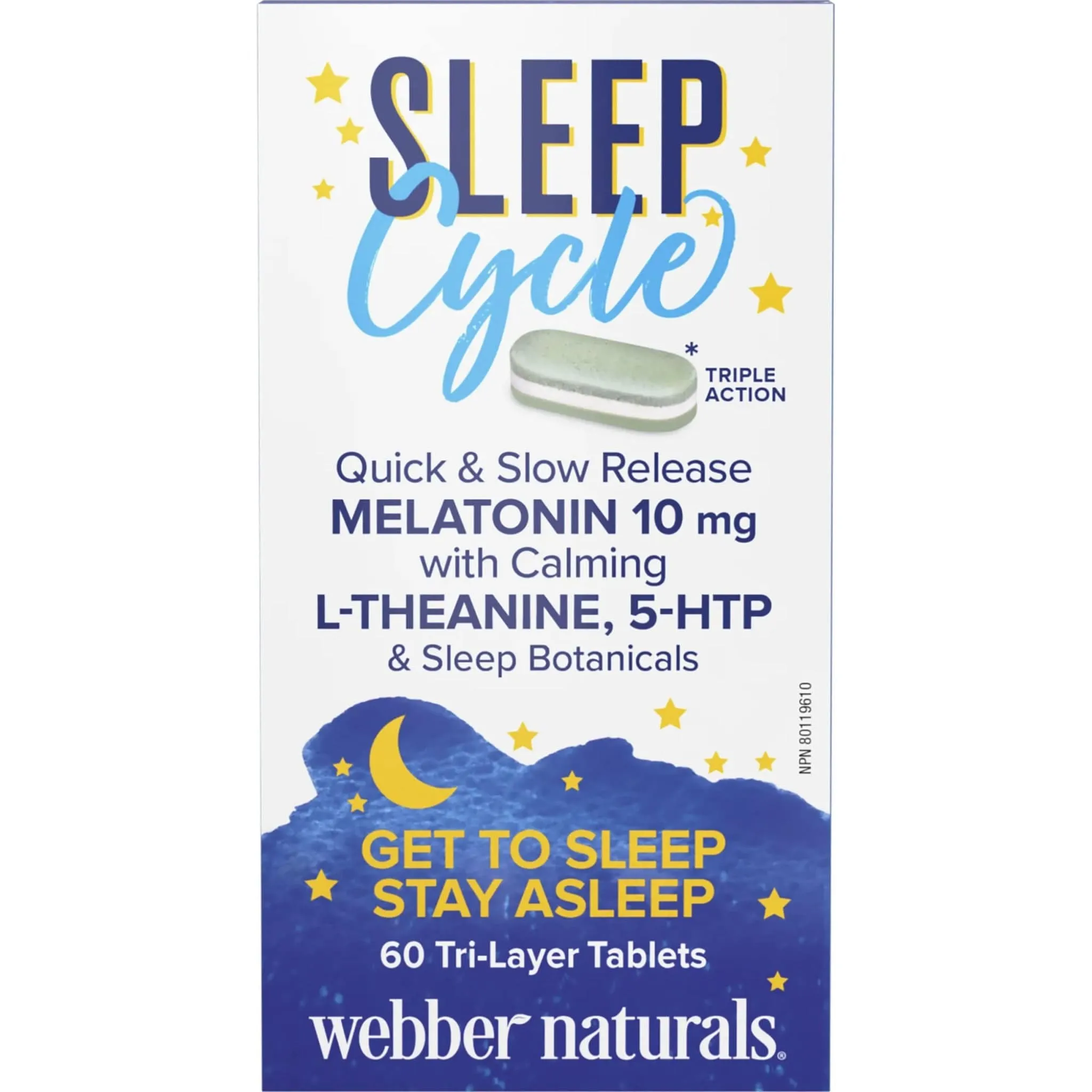 Webber Naturals Sleep Cycle Melatonin with L-Theanine, 5-HTP & Sleep Botanicals, 60 Tri-Layer Time Release Tablets